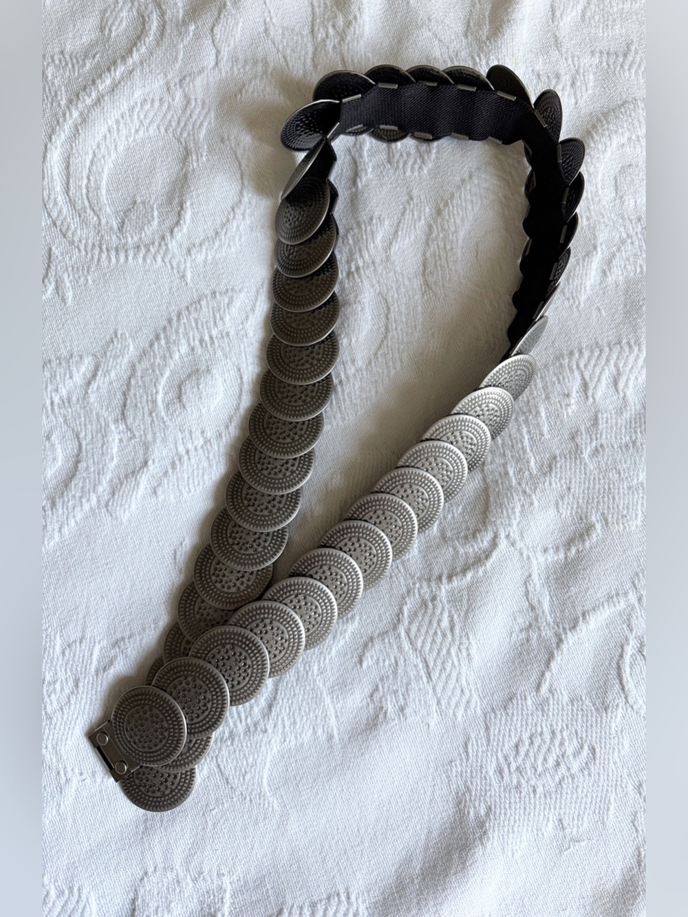 80s Silver Tone Metal Disc Coin Stretch Belt Boho Medallion Cinch OS